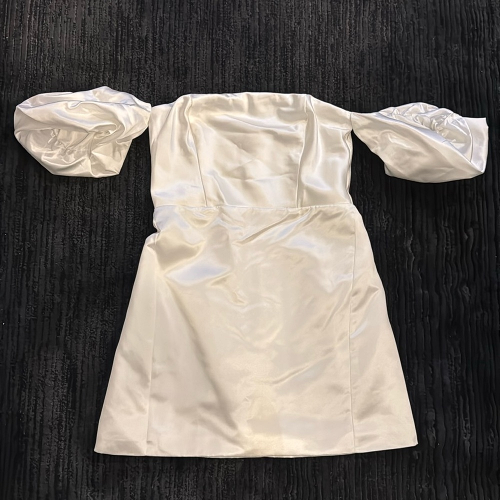 White short satin dress with off the shoulder